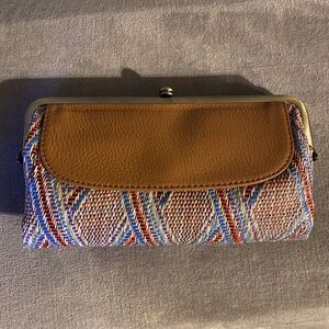 Woven Multicolor Clutch with Tan Leather Accent